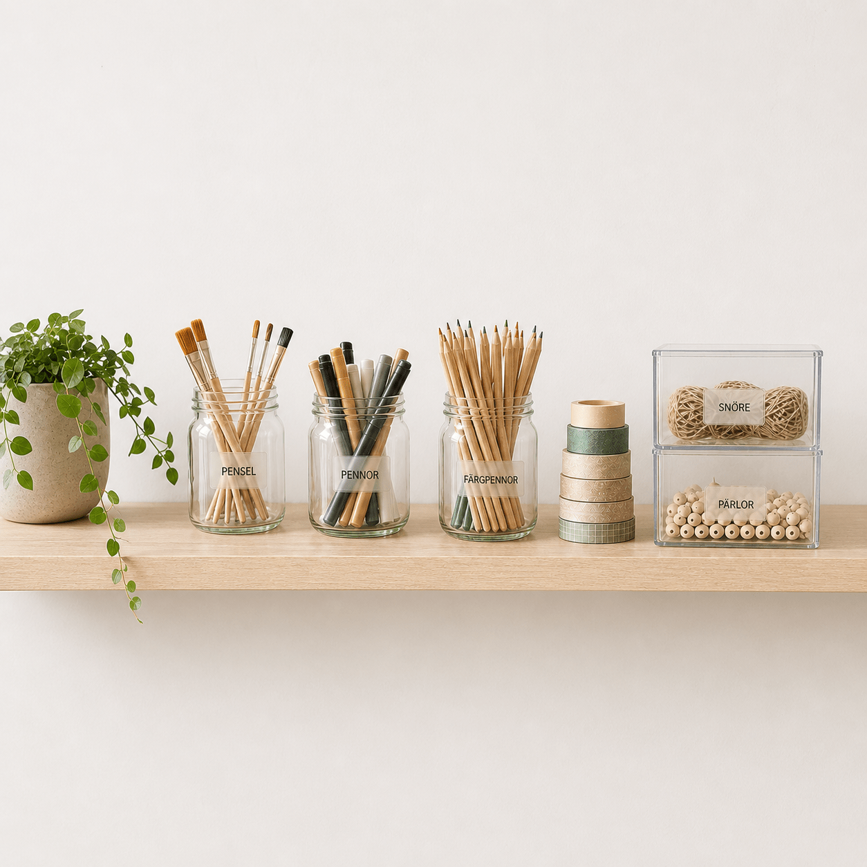 Organiserad hylla med etiketter